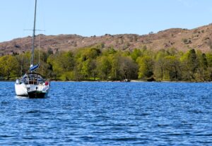 A yachy moored on Coniston Water.