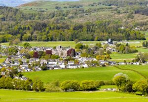 View of Cartmel Village looking down from Hampsfell.