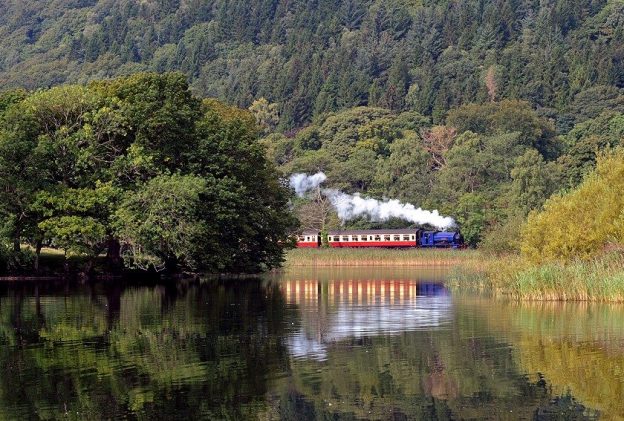 Haverthwait steam train alongside Lake Windermere