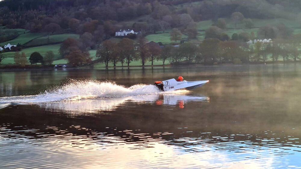 A speedboat at the Power Boat Records Week on Coniston Water
